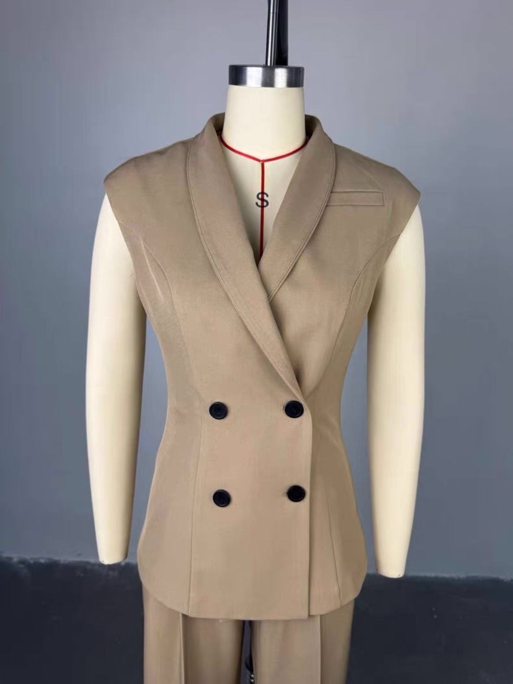 NWOT Tailored Sleeveless Double-Breasted Vest in Tan with trousers - Picture 2 of 4